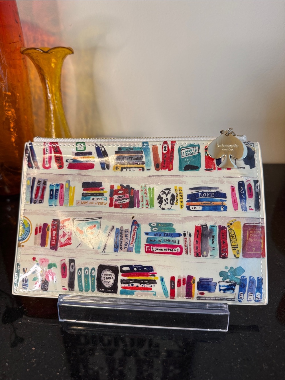 kate spade multicolor bookshelf print pencil case in white
